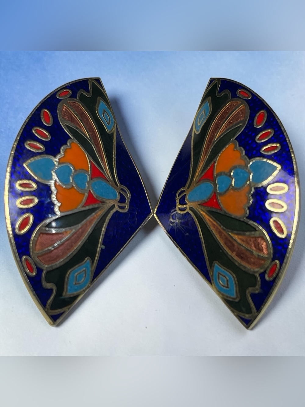 Vintage Cloisonné Butterfly Motif Blue Enamel Gold Tone Statement Earrings